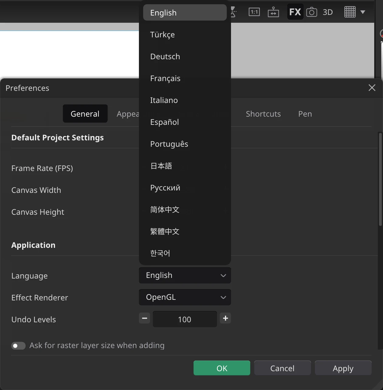 Préférences ▸ Général, avec la liste Langue ouverte sous la section Application.