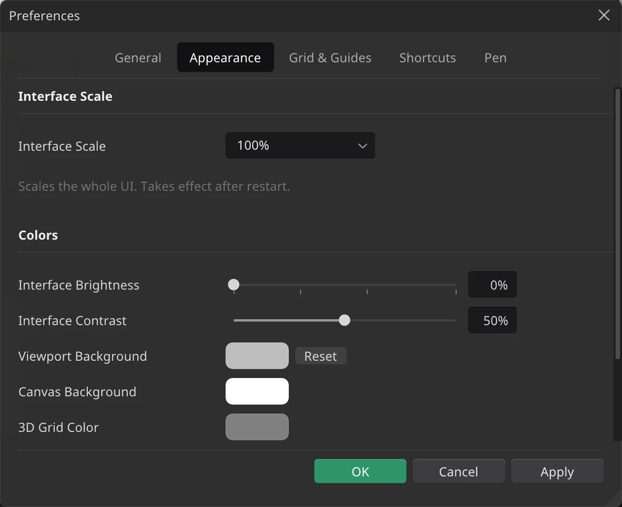 The Appearance tab, showing Interface Scale, then Interface Brightness and Interface Contrast above the six colour rows with their Reset buttons.