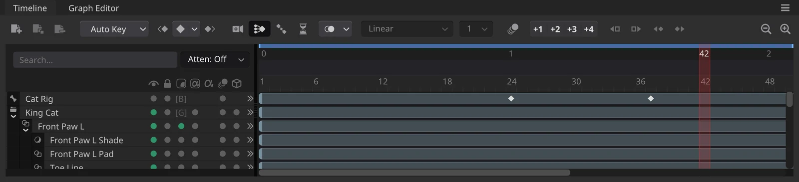 The Timeline panel in Animate mode, with the header toolbar, the ruler, three layer rows and one layer expanded into sub-tracks.